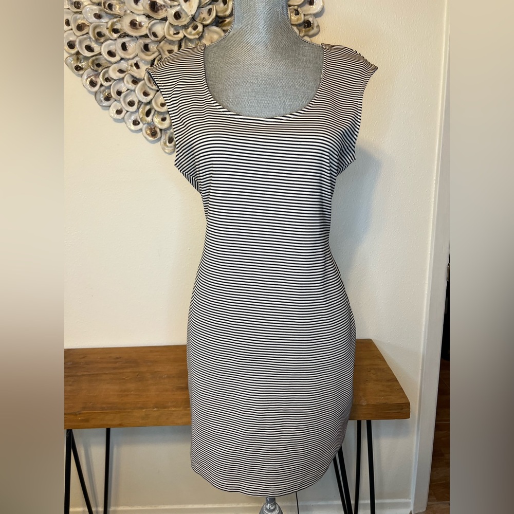 BCBG Generation Black and White Stripe Cap-sleeve sheath dress, Medium